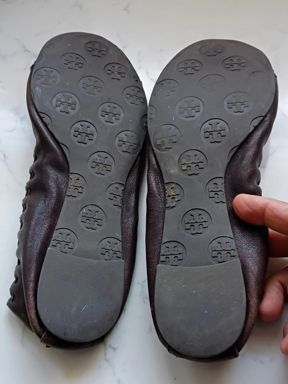 Tory Burch Brown Leather Ballet Flats with Metallic Purple Toe